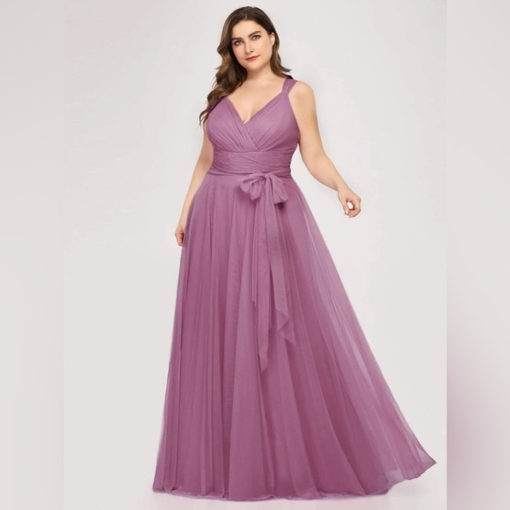 BURGUNDY Ever Pretty Plus Size Double V Neck Maxi Tulle Dress